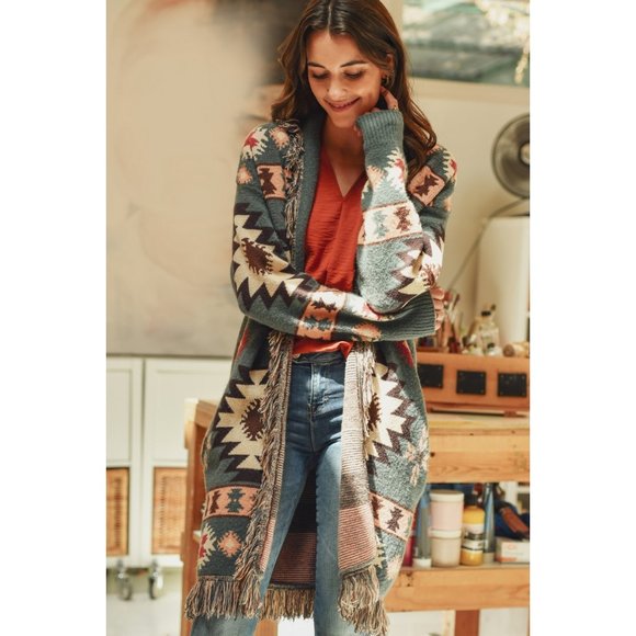 Wild Luxe Sweaters - Sage Aztec Print Fringe Cardigan